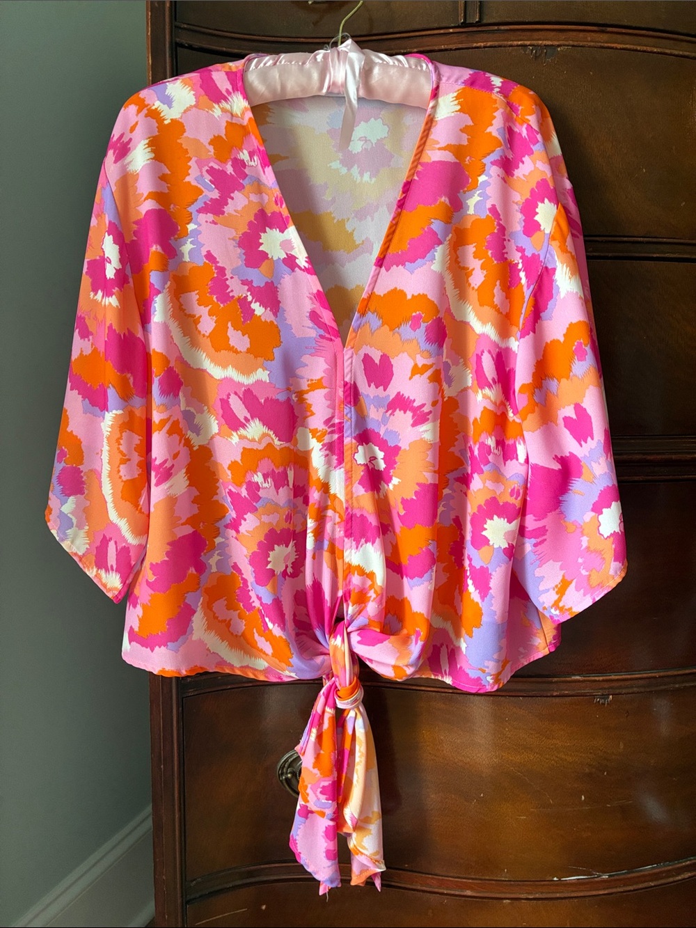 Adrienne Pink & Orange Floral Tie-Front Blouse